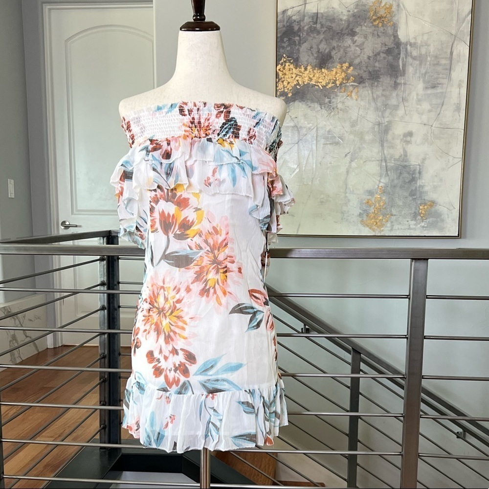 Tula Rosa Floral Off-Shoulder Mini Dress - White and Pink
